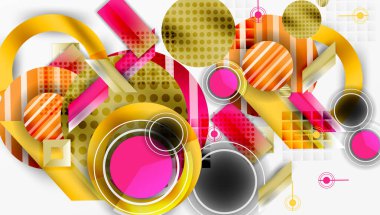 Soyut kompozisyon. Canlı daireler, çizgiler, gradyanlar. Dinamik şekiller çakışıyor. Modern tasarım, parlak renkler, geometrik desenler. Temiz çizgiler, neşeli estetik..