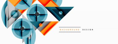 Soyut geometrik şekiller, daireler, üçgenler, turuncu, mavi renkler. Modern tasarım, temiz çizgiler, minimalist estetik. Parlak, dinamik kompozisyon.