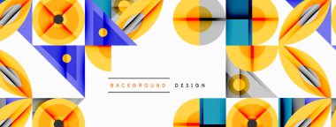 Geometrik şekiller, canlı renkler, modern tasarım. Üst üste binen daireler, kareler, üçgenler soyut desenler oluşturur. Parlak turuncu, mavi, gri tonlar kompozisyona hakim.