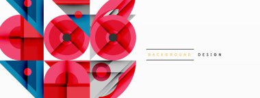 Soyut geometrik bileşim. Kırmızı, mavi, gri şekiller üst üste binerek dinamik görsel efekt yaratır. Arkaplan ve sunumlar için modern tasarım ögesi.