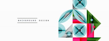 Soyut geometrik şekiller, canlı renkler, modern tasarım. Üst üste binen elementler dinamik bileşim yaratır. Temiz çizgiler, minimalist estetik.