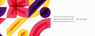 Soyut geometrik şekiller, canlı renkler, modern tasarım. Üst üste binen elementler dinamik bileşim yaratır. Mor, kırmızı, sarı renkler baskın. Temiz estetik.
