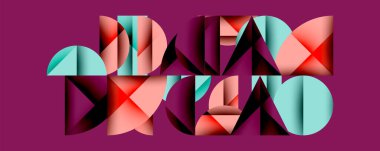 Soyut geometrik bileşim. Şekiller çakışıyor, dinamik görsel etki yaratıyor. Renkler arasında deniz mavisi, kırmızı, siyah, pembe var. Modern tasarım, canlı, sanatsal.