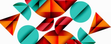 Soyut geometrik şekiller. Kırmızı, turuncu, deniz mavisi daireler, üçgenler üst üste binerek dinamik bileşim oluşturuyorlar. Modern tasarım, canlı renkler, düz çizimler.