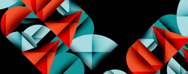 Soyut geometrik şekiller, kırmızı, mavi renkler. Modern tasarım, dinamik kompozisyon. Koyu arkaplan zıtlık yaratır. Temiz çizgiler, dijital resimleme.