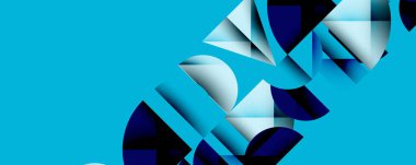 Soyut geometrik şekiller, mavi tonlar, modern tasarım, dijital sanat, temiz çizgiler, dinamik kompozisyon, gradyan etkiler, minimalist estetik, parlak renkler.