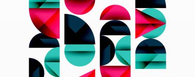 Soyut geometrik bileşim. Üst üste binen şekiller dinamik görsel efekt yaratır. Açık pembe, deniz mavisi, siyah renkler baskın gelir. Modern tasarım, temiz çizgiler.