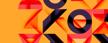 Parlak soyut şekiller çakışıyor. Turuncu, kırmızı, mor renkler baskın. Modern tasarım, geometrik desenler dinamik bileşim yaratır. Kalın görsel etki.