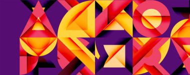 Parlak geometrik şekiller, canlı renkler, soyut bileşim. Turuncu, pembe, mor renkler dinamik görsel deneyimler yaratır. Modern tasarım.