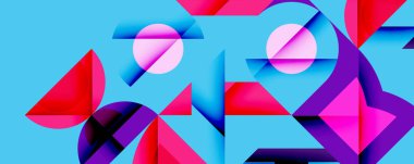 Parlak soyut kompozisyon. Geometrik şekiller örtüşür, dinamik görsel efekt yaratır. Canlı pembeler, kırmızılar, maviler baskın. Modern tasarım.