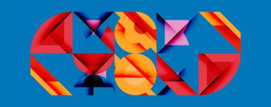 Parlak geometrik şekiller çakışıyor. Kırmızı, turuncu, mor renkler dinamik kompozisyon oluşturur. Soyut tasarım modern sanatı, dijital yaratımı çağrıştırıyor.