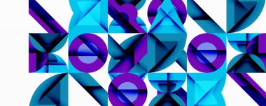 Soyut geometrik bileşim. Canlı mavi, mor şekiller kesişiyor. Modern tasarım, dijital sanat, kalın desenler, simetri, renkli.