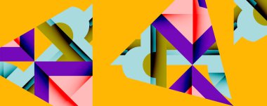 Soyut geometrik bileşim. Üst üste binen şekiller dinamik görsel efekt yaratır. Parlak renkler, modern tasarım, sanatsal ifade.