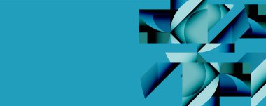 Soyut geometrik şekiller, mavi tonlar baskın gelir. Bileşim kıvrımlar, açılar, gölgeler derinlik yaratır. Minimalist tasarım, modern estetik.