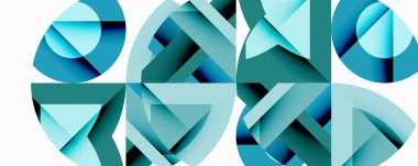 Soyut geometrik bileşim. Mavi, gök mavisi şekiller kesişiyor. Modern tasarım, temiz çizgiler, canlı renkler. Minimalist estetik, dijital sanat.