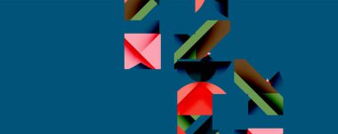 Soyut geometrik şekiller, kırmızı, yeşil, kahverengi, pembe. Üst üste binen formlar dinamik bileşim oluşturur. Koyu mavi arka plan karşıtlık sağlar. Minimalist tasarım.