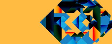 Soyut geometrik şekiller, mavi tonlar, turuncu arka plan. Keskin açılar, modern tasarım, dijital sanat. Bileşim parçalanmış biçimlere odaklanarak, dinamik görsel etki yaratır.