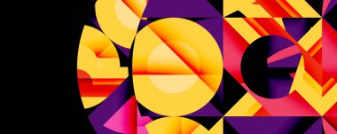 Parlak geometrik şekiller çakışıyor. Canlı renkler dinamik bileşim yaratır. Dairesel, üçgen elementli soyut tasarım. Modern sanat tarzı.