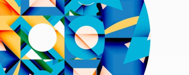 Soyut geometrik bileşim. Parlak renkler, şekiller kesişir. Modern tasarım, temiz çizgiler, dinamik düzenleme. Minimalist estetik, canlı palet.