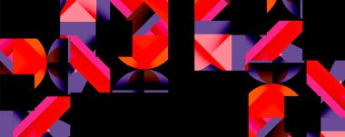 Soyut geometrik şekiller, canlı kırmızı, mor renkler. Dinamik kompozisyon, modern tasarım. Kalın renkler, keskin açılar, üst üste binen şekiller. Minimalist estetik, dijital sanat.