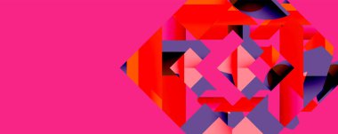 Parlak soyut geometrik şekiller. Kırmızı, mor, turuncu renkler kompozisyona hakim. Modern tasarım, canlı renkler, dinamik düzenleme.