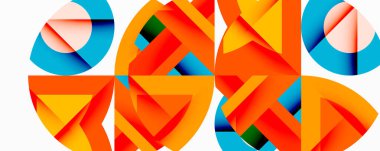 Soyut geometrik şekiller, canlı turuncu, mavi, yeşil. Üst üste binen daireler, üçgenler dinamik bileşim oluşturur. Modern tasarım, parlak renkler.