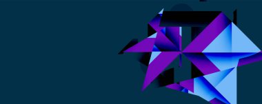 Soyut geometrik şekiller, mor, mavi renkler. Modern tasarım, keskin açılar, dijital sanat. Koyu arkaplan karşıtlık yaratır, canlı renkler.