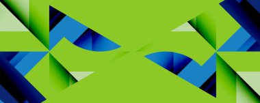 Mavi geometrik şekilli parlak yeşil arkaplan. Keskin açılar, gradyanlar ve modern estetik içeren soyut tasarım. Minimalist kompozisyon, canlı renkler.