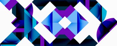 Soyut geometrik bileşim. Canlı mor, mavi renkler dinamik desen yaratır. Keskin açılar, üst üste binen şekiller derinlik ve hareket olduğunu gösteriyor. Modern tasarım.