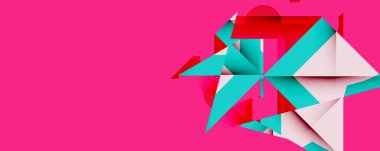 Parlak pembe arkaplan soyut geometrik şekiller içerir. Turkuaz, kırmızı, beyaz formlar dinamik kompozisyon oluşturur. Modern tasarım, canlı renkler.