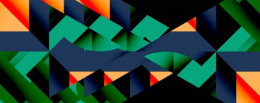 Soyut geometrik bileşim. Canlı renkler, keskin açılar, dinamik şekiller modern tasarım yaratır. Mavi, yeşil, turuncu, kırmızı görsel alana hakim.