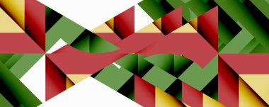 Geometrik şekiller, kırmızı, yeşil, sarı, beyaz. Soyut tasarım, keskin açılar, modern estetik. Parlak renkler, dinamik bileşim, görsel doku.