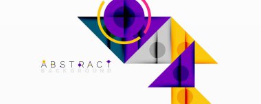 Geometrik şekiller, canlı renkler, modern tasarım. Mor, sarı, deniz mavisi, gri dinamik bileşim yaratır. Minimalist estetik, soyut sanat.