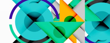 Soyut geometrik bileşim. Üst üste binen daireler, üçgenler, çizgiler dinamik görsel deneyimler yaratır. Parlak renkler, eğimler, gölgeler derinlik ekler. Modern tasarım.