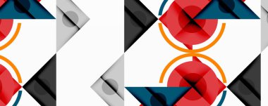 Soyut geometrik desen. Üst üste binen şekiller dinamik bileşim yaratır. Kırmızı, siyah, yeşil, gri, beyaz renkler mevcut. Modern tasarım, temiz çizgiler, görsel doku.