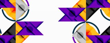 Soyut geometrik bileşim. Mor, turuncu, gri şekiller dairesel elementlerle kesişir. Minimalist tasarım, temiz çizgiler, modern estetik..