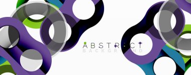 Parlak daireler dinamik bileşim oluşturur. Mor, yeşil, siyah, gri, beyaz renkler karışımı. Arkaplan ve sunumlar için modern tasarım ögesi.