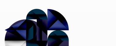 Soyut geometrik şekiller, koyu mavi renkler, üst üste binen formlar, modern tasarım, dijital sanat, minimalist estetik, temiz çizgiler, canlı renkler, dinamik kompozisyon.