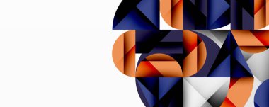 Soyut geometrik şekiller, turuncu, lacivert, beyaz. Üst üste binen formlar dinamik bileşim oluşturur. Modern tasarım, temiz çizgiler, minimalist estetik.