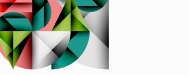 Soyut geometrik şekiller, canlı renkler, üst üste binen formlar, modern tasarım, gradyanlar, beyaz arkaplan, dinamik kompozisyon, sanatsal ifade.