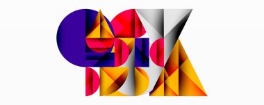 Soyut geometrik bileşim. Canlı üçgenler, daireler kesişiyor. Kalın renkler dinamik görsel etki yaratır. Modern tasarım, keskin açılar, temiz çizgiler.