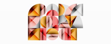 Geometrik şekiller soyut harfler yaratır. Turuncu, pembe, gri tonların karışımı. Modern tasarım, temiz çizgiler, minimalist estetik. Kompozisyon dijital sanatı çağrıştırıyor.