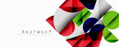 Soyut kompozisyon. Üst üste binen daireler, üçgenler dinamik görsel efekt yaratır. Parlak renkler, beyaz boşluk modern tasarımı tanımlar.