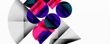 Soyut kompozisyon. Üst üste binen daireler, üçgenler, gradyanlar. Pembe, mor, koyu mavi, gri tonlarda. Modern tasarım. Minimalist estetik. Temiz çizgiler. Geometrik şekiller.