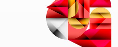 Soyut geometrik bileşim. Kırmızı, altın, beyaz, gri şekiller kesişiyor. Modern tasarım, canlı renkler, dinamik düzenleme. Minimalist estetik.