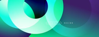 Soyut tasarım. Üst üste binen çemberler canlı gradyanlar yaratır. Teal, mor, yeşil renkler pürüzsüz karışıyor. Modern estetik, pürüzsüz geçişler. Minimalist kompozisyon.