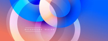 Soyut çemberler çakışıyor, canlı gradyanlar yaratıyor. Mavi, turuncu, mor renkler düzgün bir şekilde harmanlanır. Modern tasarım, pürüzsüz geçişler, dinamik kompozisyon.