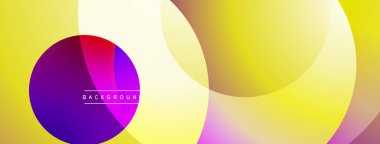 Parlak canlı soyut tasarım. Üst üste binen daireler dinamik bileşim yaratır. Sarı, mor, pembe renkler kusursuz bir şekilde harmanlanır. Modern grafik ögesi.