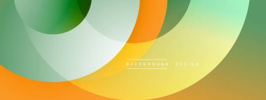 Soyut tasarım özellikleri üst üste biniyor. Renkler arasında yeşil, turuncu, sarı, beyaz var. Yumuşak eğimler modern estetik yaratır. Minimalist kompozisyon.