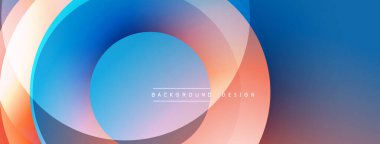 Soyut tasarım. Üst üste binen daireler dinamik görsel efekt yaratır. Yumuşak eğimler, mavi, turuncu, mor renkler. Modern estetik, basit kompozisyon.
